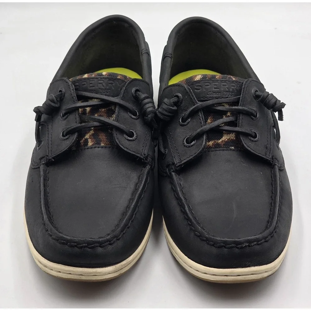 Sperry Songfish Boat Shoes Womens 9.5 Black Leopard Nubuck Leather Lace Up